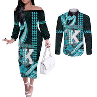 Personalised Hawaii Kapolei High School Couples Matching Off The Shoulder Long Sleeve Dress and Long Sleeve Button Shirt Tribal Tattoo With Hibiscus Flowers LT05 Dark Teal - Polynesian Pride