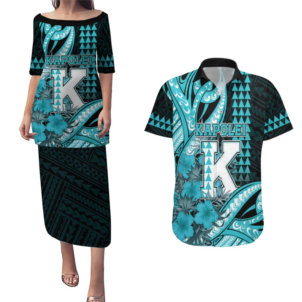 Personalised Hawaii Kapolei High School Couples Matching Puletasi and Hawaiian Shirt Tribal Tattoo With Hibiscus Flowers LT05 Dark Teal - Polynesian Pride