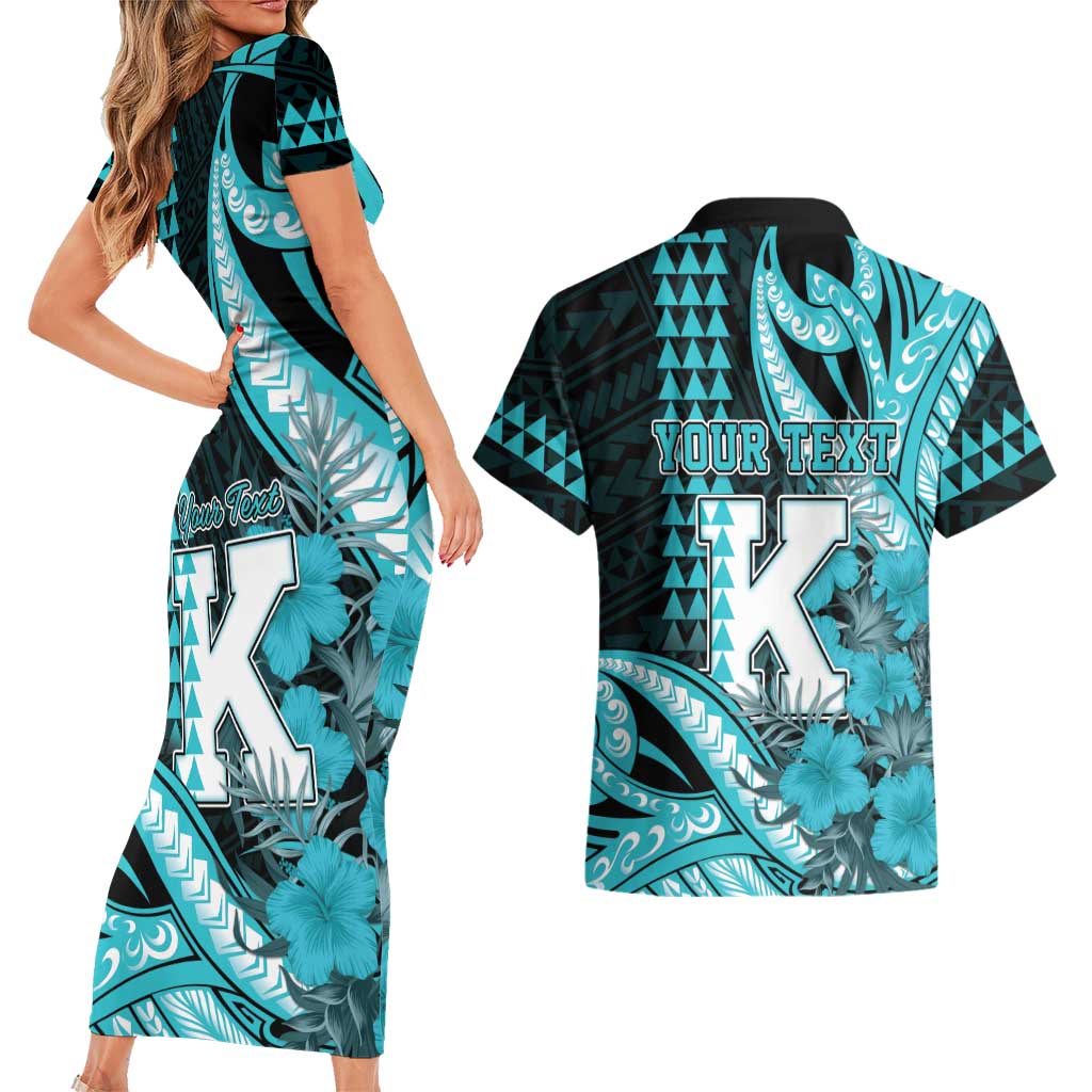Personalised Hawaii Kapolei High School Couples Matching Short Sleeve Bodycon Dress and Hawaiian Shirt Tribal Tattoo With Hibiscus Flowers LT05 - Polynesian Pride