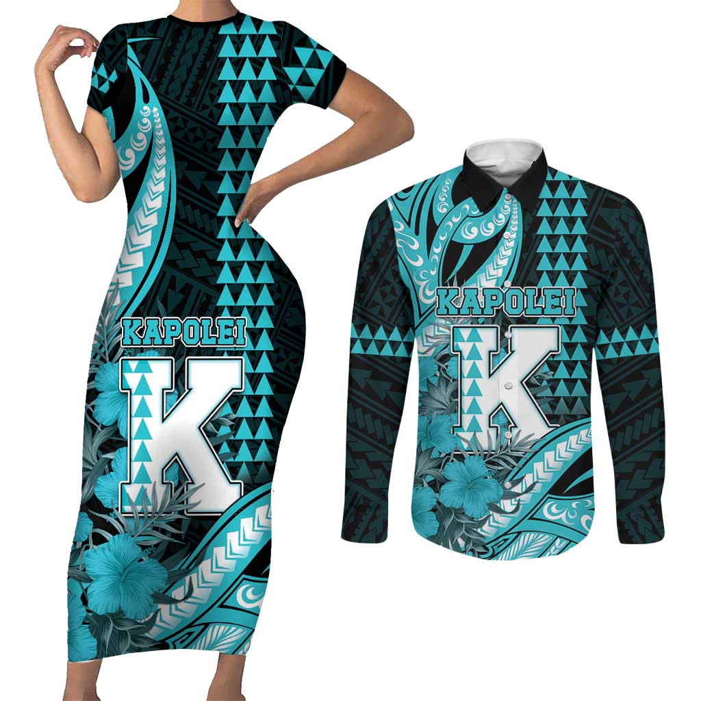 Personalised Hawaii Kapolei High School Couples Matching Short Sleeve Bodycon Dress and Long Sleeve Button Shirt Tribal Tattoo With Hibiscus Flowers LT05 Dark Teal - Polynesian Pride