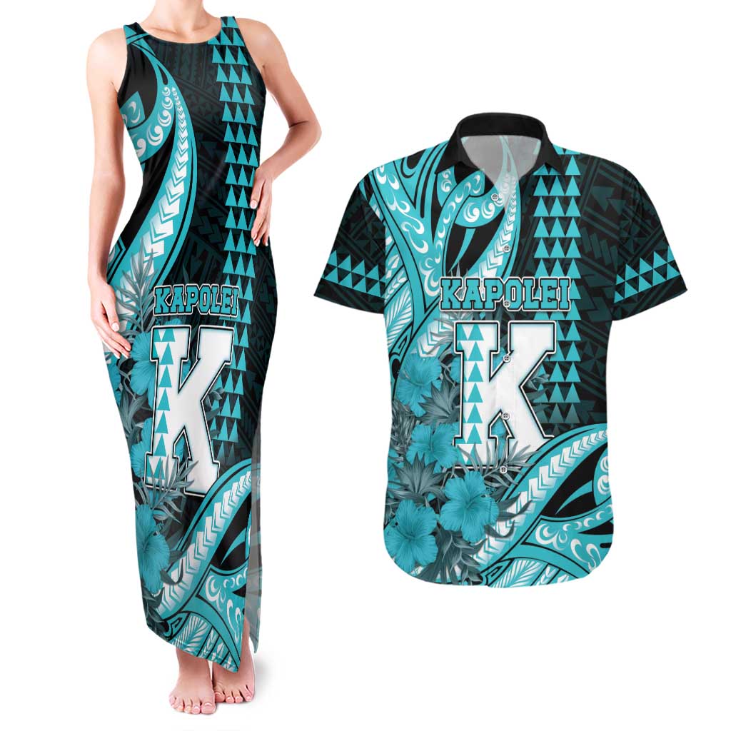 Personalised Hawaii Kapolei High School Couples Matching Tank Maxi Dress and Hawaiian Shirt Tribal Tattoo With Hibiscus Flowers LT05 Dark Teal - Polynesian Pride