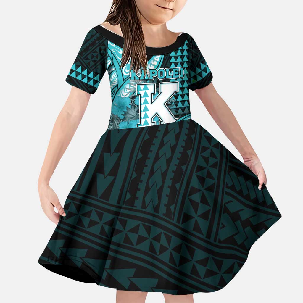 Personalised Hawaii Kapolei High School Family Matching Long Sleeve Bodycon Dress and Hawaiian Shirt Tribal Tattoo With Hibiscus Flowers LT05 Daughter's Dress Dark Teal - Polynesian Pride