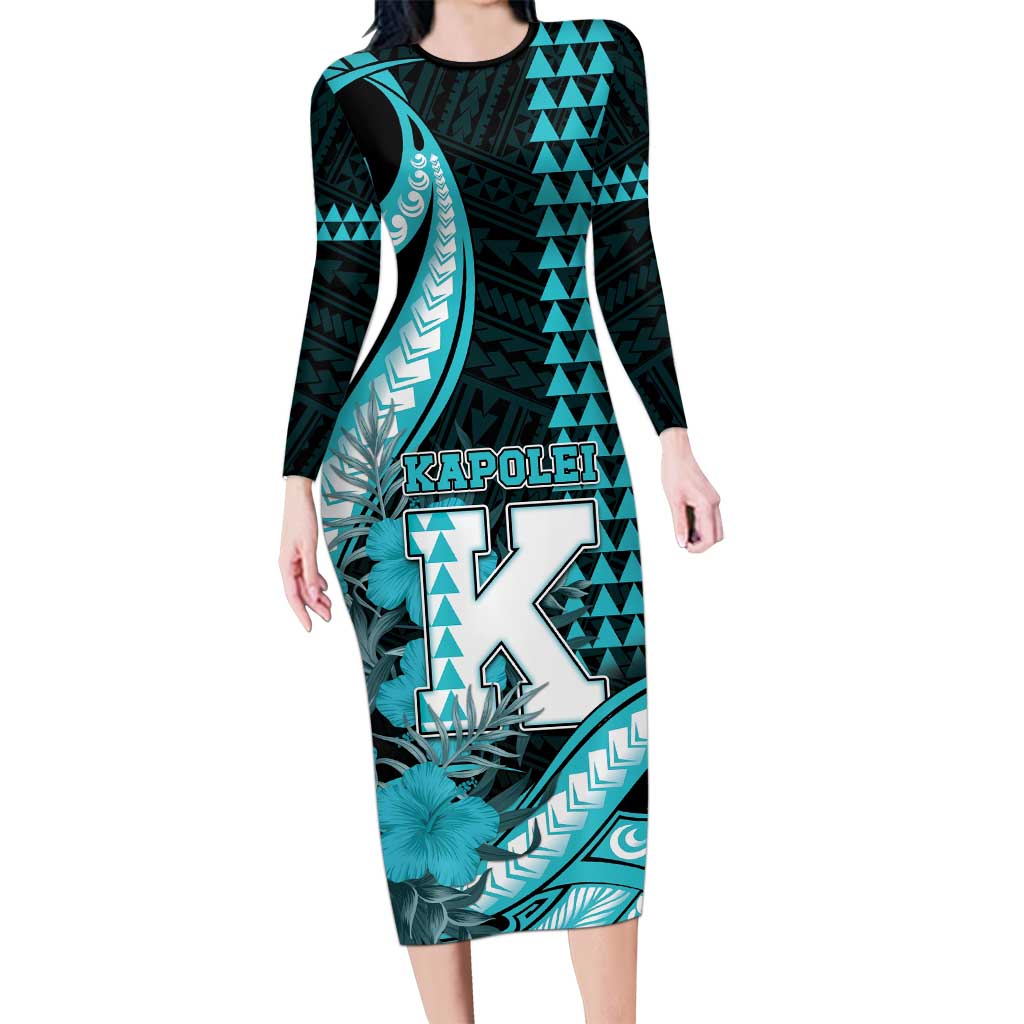 Personalised Hawaii Kapolei High School Family Matching Long Sleeve Bodycon Dress and Hawaiian Shirt Tribal Tattoo With Hibiscus Flowers LT05 Mom's Dress Dark Teal - Polynesian Pride