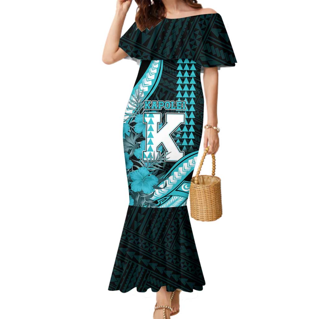 Personalised Hawaii Kapolei High School Family Matching Mermaid Dress and Hawaiian Shirt Tribal Tattoo With Hibiscus Flowers LT05 Mom's Dress Dark Teal - Polynesian Pride