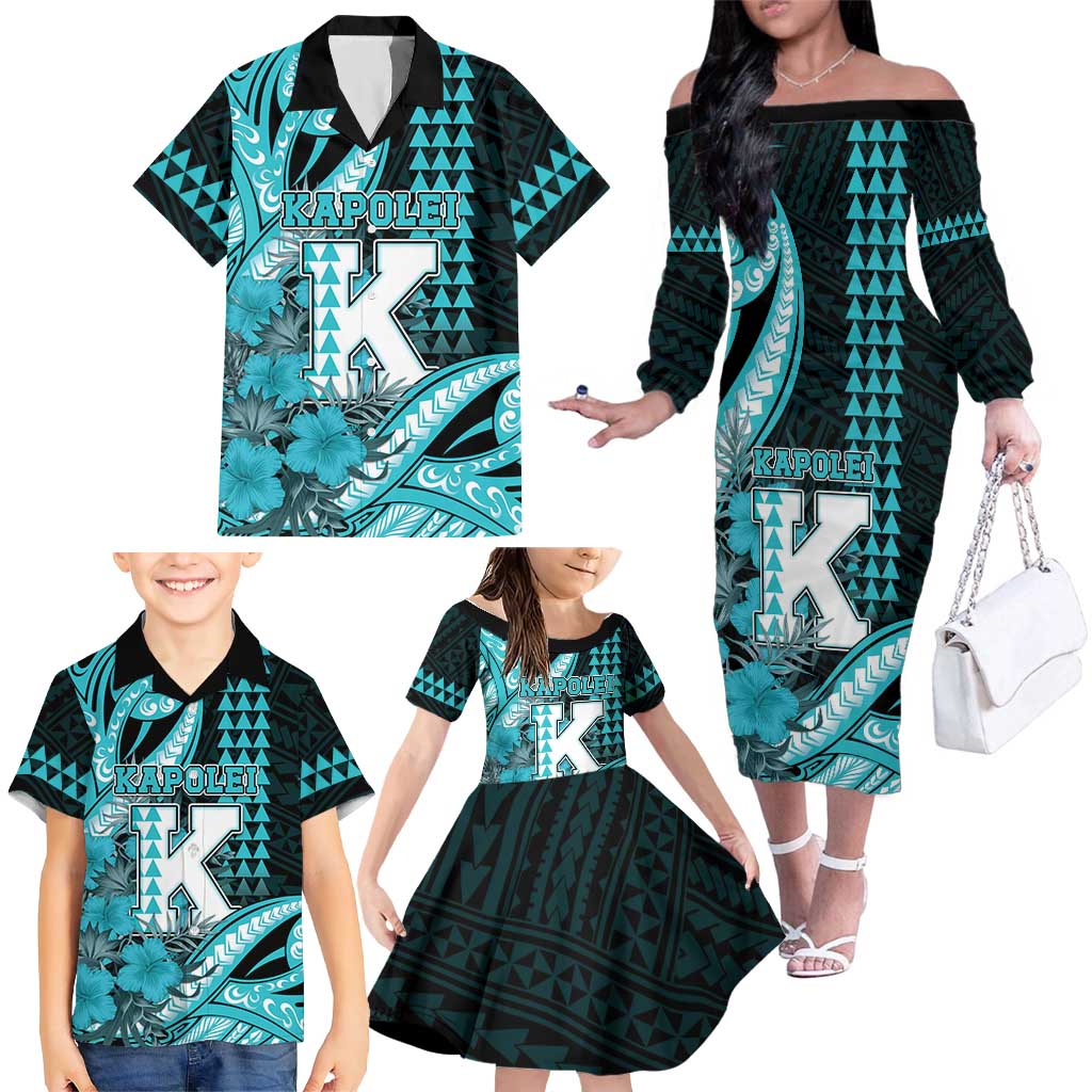 Personalised Hawaii Kapolei High School Family Matching Off The Shoulder Long Sleeve Dress and Hawaiian Shirt Tribal Tattoo With Hibiscus Flowers