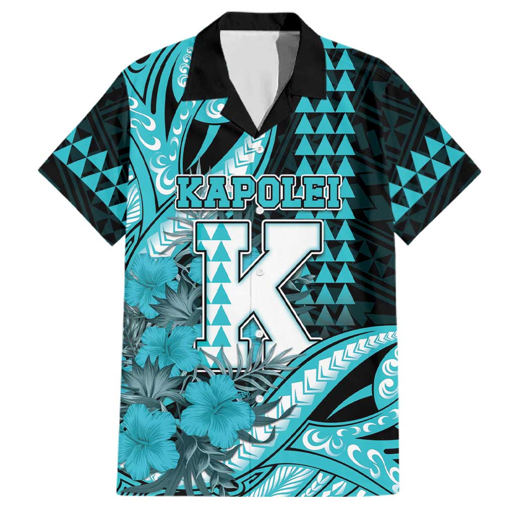 Personalised Hawaii Kapolei High School Family Matching Off Shoulder Maxi Dress and Hawaiian Shirt Tribal Tattoo With Hibiscus Flowers LT05 Dad's Shirt - Short Sleeve Dark Teal - Polynesian Pride