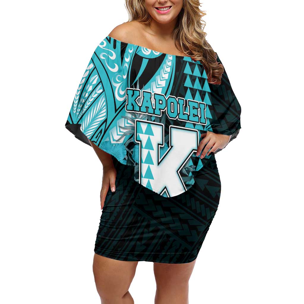 Personalised Hawaii Kapolei High School Family Matching Off Shoulder Short Dress and Hawaiian Shirt Tribal Tattoo With Hibiscus Flowers LT05 Mom's Dress Dark Teal - Polynesian Pride