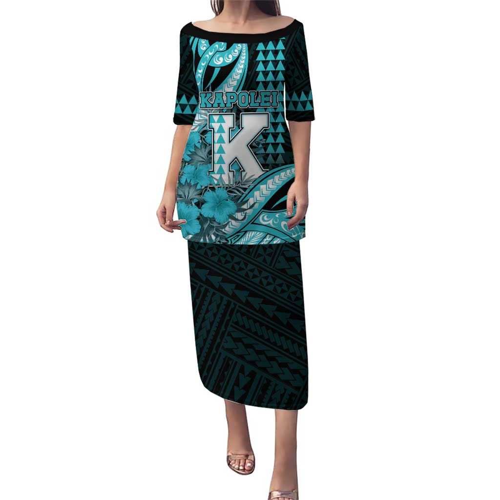 Personalised Hawaii Kapolei High School Family Matching Puletasi and Hawaiian Shirt Tribal Tattoo With Hibiscus Flowers LT05 Mom's Dress Dark Teal - Polynesian Pride