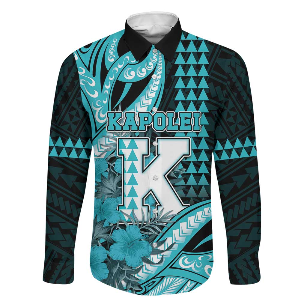 Personalised Hawaii Kapolei High School Family Matching Tank Maxi Dress and Hawaiian Shirt Tribal Tattoo With Hibiscus Flowers LT05 Dad's Shirt - Long Sleeve Dark Teal - Polynesian Pride