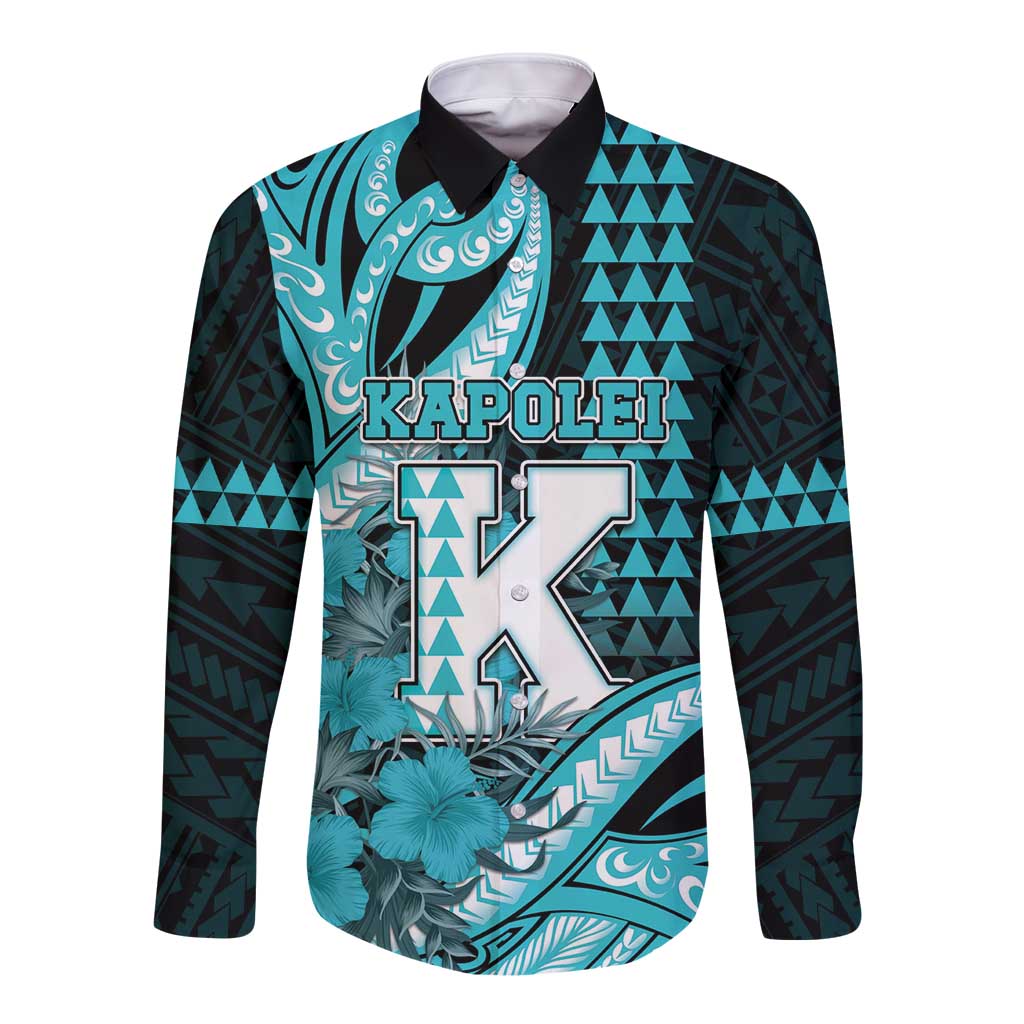 Personalised Hawaii Kapolei High School Long Sleeve Button Shirt Tribal Tattoo With Hibiscus Flowers