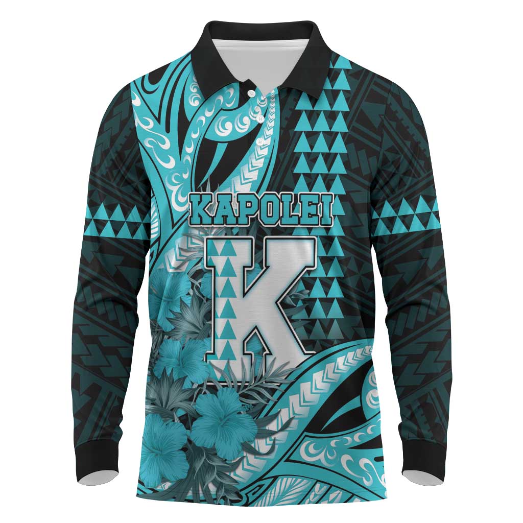Personalised Hawaii Kapolei High School Long Sleeve Polo Shirt Tribal Tattoo With Hibiscus Flowers
