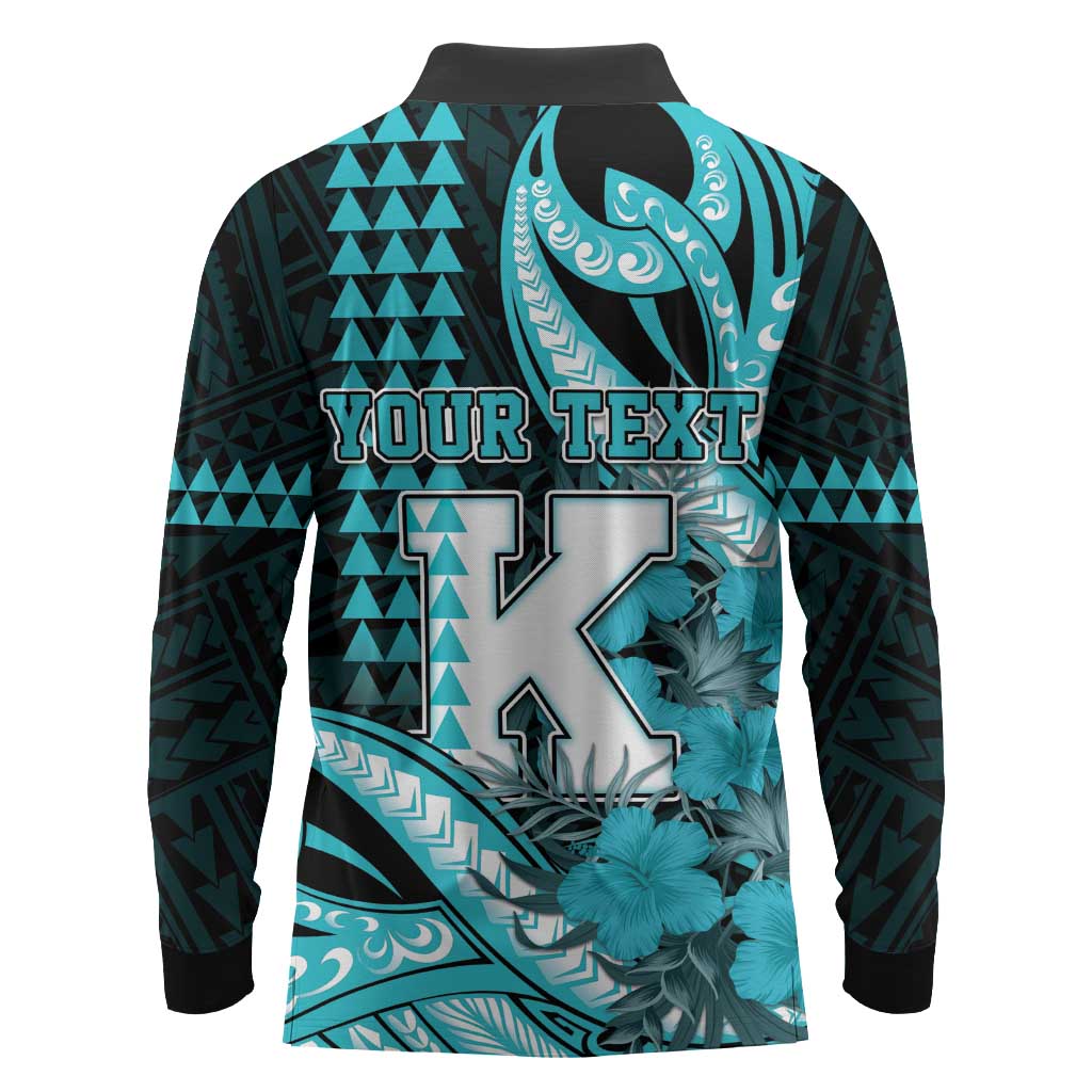 Personalised Hawaii Kapolei High School Long Sleeve Polo Shirt Tribal Tattoo With Hibiscus Flowers