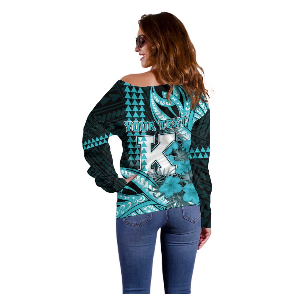 Personalised Hawaii Kapolei High School Off Shoulder Sweater Tribal Tattoo With Hibiscus Flowers