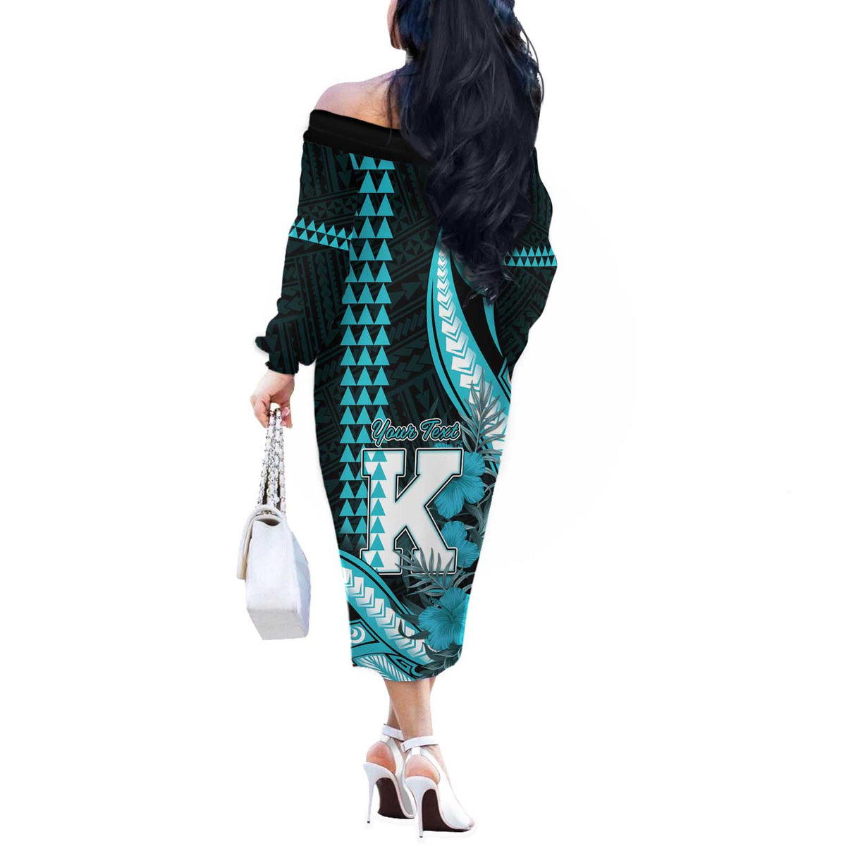 Personalised Hawaii Kapolei High School Off The Shoulder Long Sleeve Dress Tribal Tattoo With Hibiscus Flowers