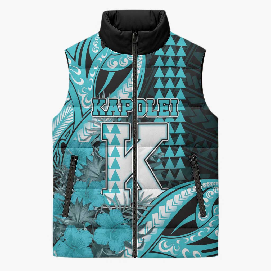 Personalised Hawaii Kapolei High School Sleeveless Puffer Jacket Tribal Tattoo With Hibiscus Flowers