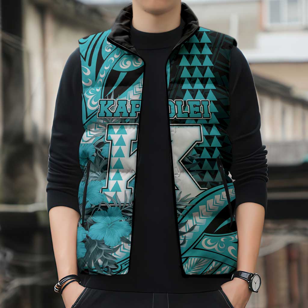 Personalised Hawaii Kapolei High School Sleeveless Puffer Jacket Tribal Tattoo With Hibiscus Flowers