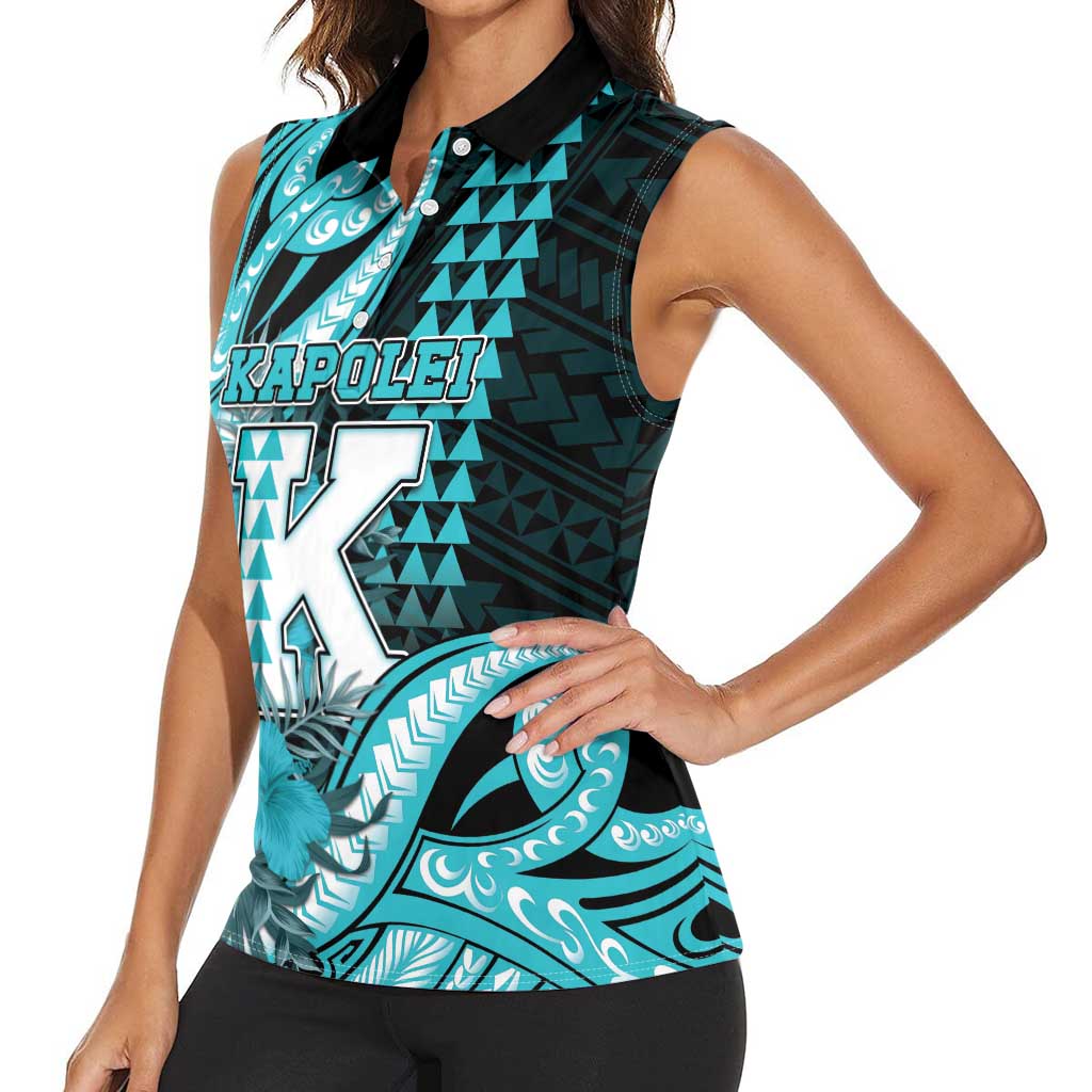 Personalised Hawaii Kapolei High School Women Sleeveless Polo Shirt Tribal Tattoo With Hibiscus Flowers LT05 - Polynesian Pride