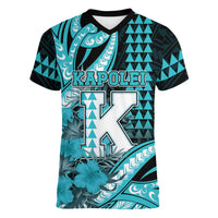 Personalised Hawaii Kapolei High School Women V-Neck T-Shirt Tribal Tattoo With Hibiscus Flowers LT05 Female Dark Teal - Polynesian Pride