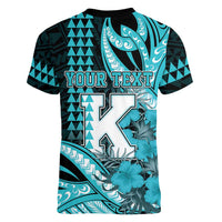 Personalised Hawaii Kapolei High School Women V-Neck T-Shirt Tribal Tattoo With Hibiscus Flowers LT05 - Polynesian Pride