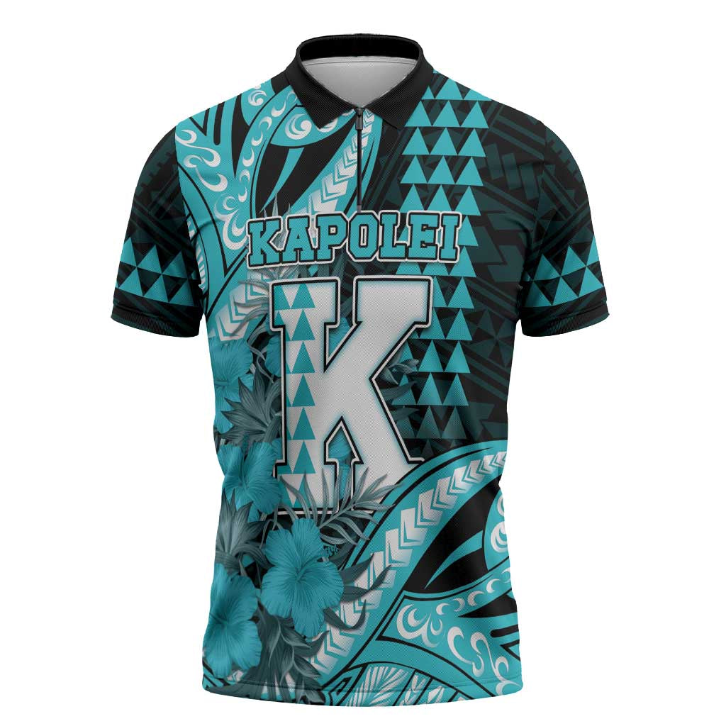 Personalised Hawaii Kapolei High School Zipper Polo Shirt Tribal Tattoo With Hibiscus Flowers