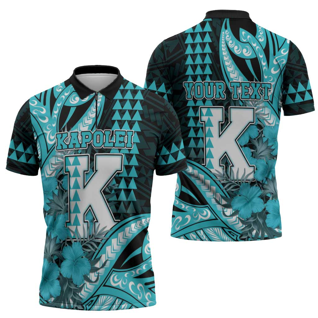 Personalised Hawaii Kapolei High School Zipper Polo Shirt Tribal Tattoo With Hibiscus Flowers