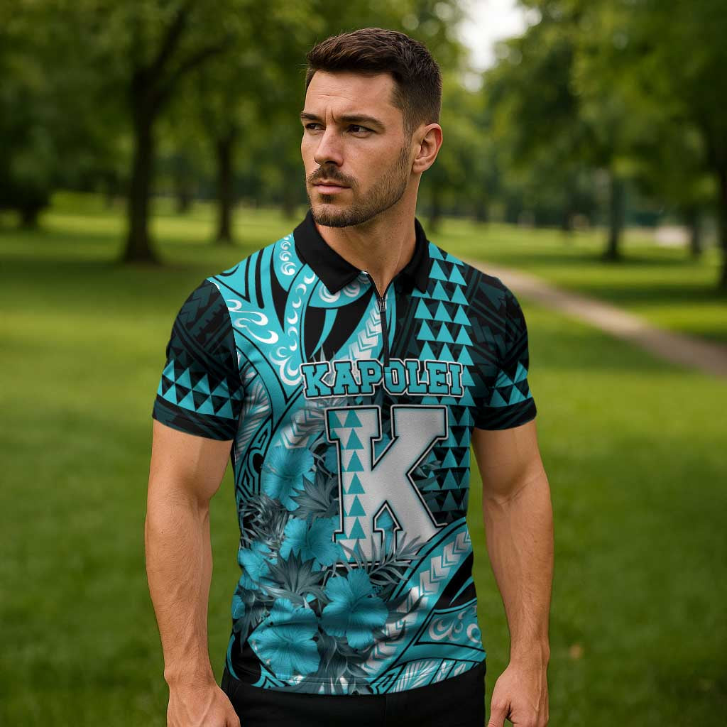 Personalised Hawaii Kapolei High School Zipper Polo Shirt Tribal Tattoo With Hibiscus Flowers