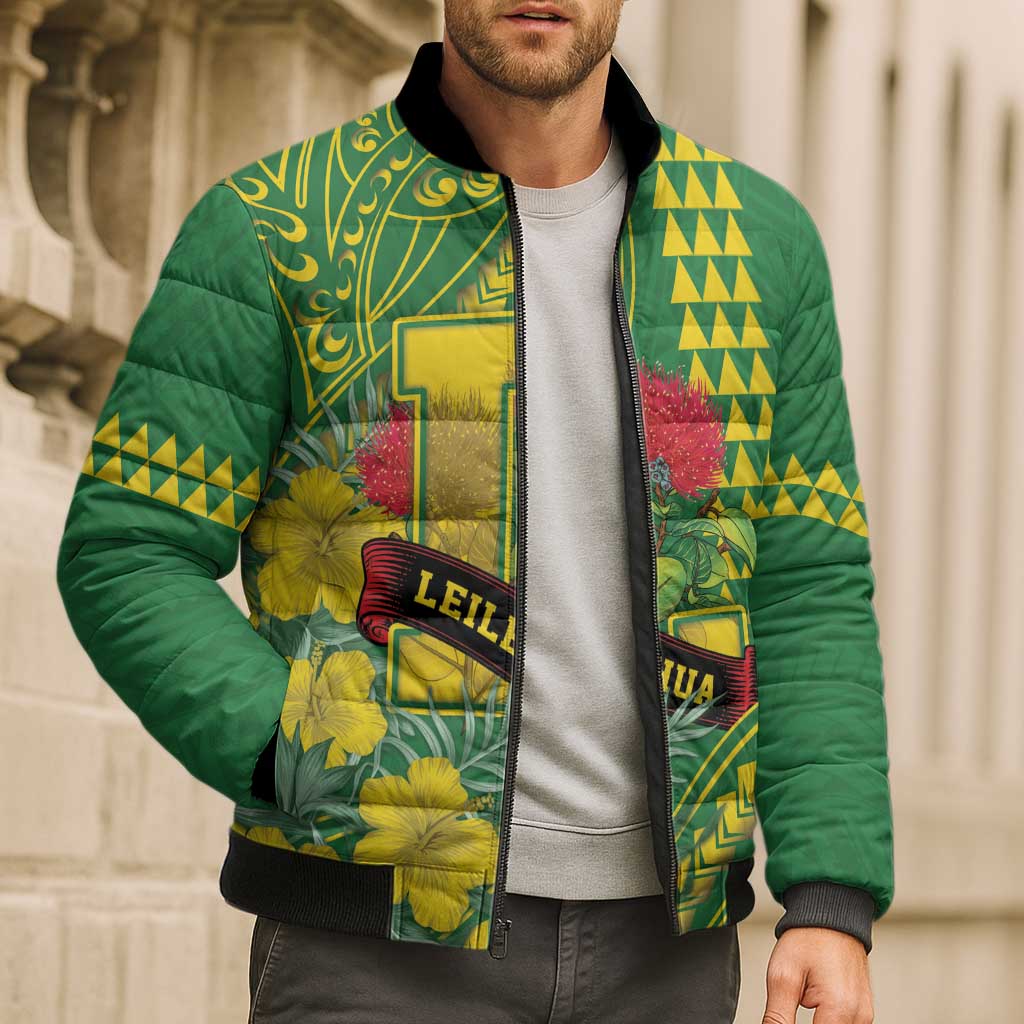 Personalised Hawaii Leilehua High School Bomber Puffer Jacket Tribal Tattoo With Hibiscus Flowers