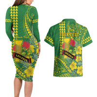 Personalised Hawaii Leilehua High School Couples Matching Long Sleeve Bodycon Dress and Hawaiian Shirt Tribal Tattoo With Hibiscus Flowers LT05 - Polynesian Pride