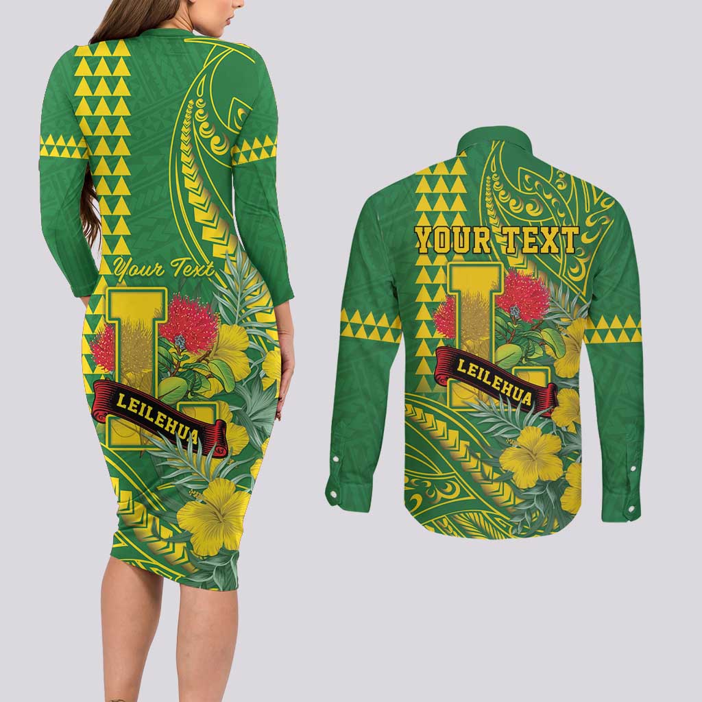 Personalised Hawaii Leilehua High School Couples Matching Long Sleeve Bodycon Dress and Long Sleeve Button Shirt Tribal Tattoo With Hibiscus Flowers LT05 - Polynesian Pride