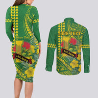 Personalised Hawaii Leilehua High School Couples Matching Long Sleeve Bodycon Dress and Long Sleeve Button Shirt Tribal Tattoo With Hibiscus Flowers LT05 - Polynesian Pride