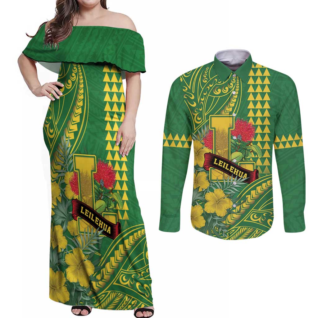 Personalised Hawaii Leilehua High School Couples Matching Off Shoulder Maxi Dress and Long Sleeve Button Shirt Tribal Tattoo With Hibiscus Flowers