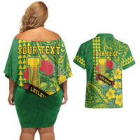 Personalised Hawaii Leilehua High School Couples Matching Off Shoulder Short Dress and Hawaiian Shirt Tribal Tattoo With Hibiscus Flowers LT05 - Polynesian Pride