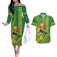 Personalised Hawaii Leilehua High School Couples Matching Off The Shoulder Long Sleeve Dress and Hawaiian Shirt Tribal Tattoo With Hibiscus Flowers LT05 Green - Polynesian Pride