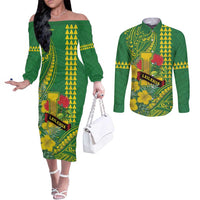 Personalised Hawaii Leilehua High School Couples Matching Off The Shoulder Long Sleeve Dress and Long Sleeve Button Shirt Tribal Tattoo With Hibiscus Flowers LT05 Green - Polynesian Pride