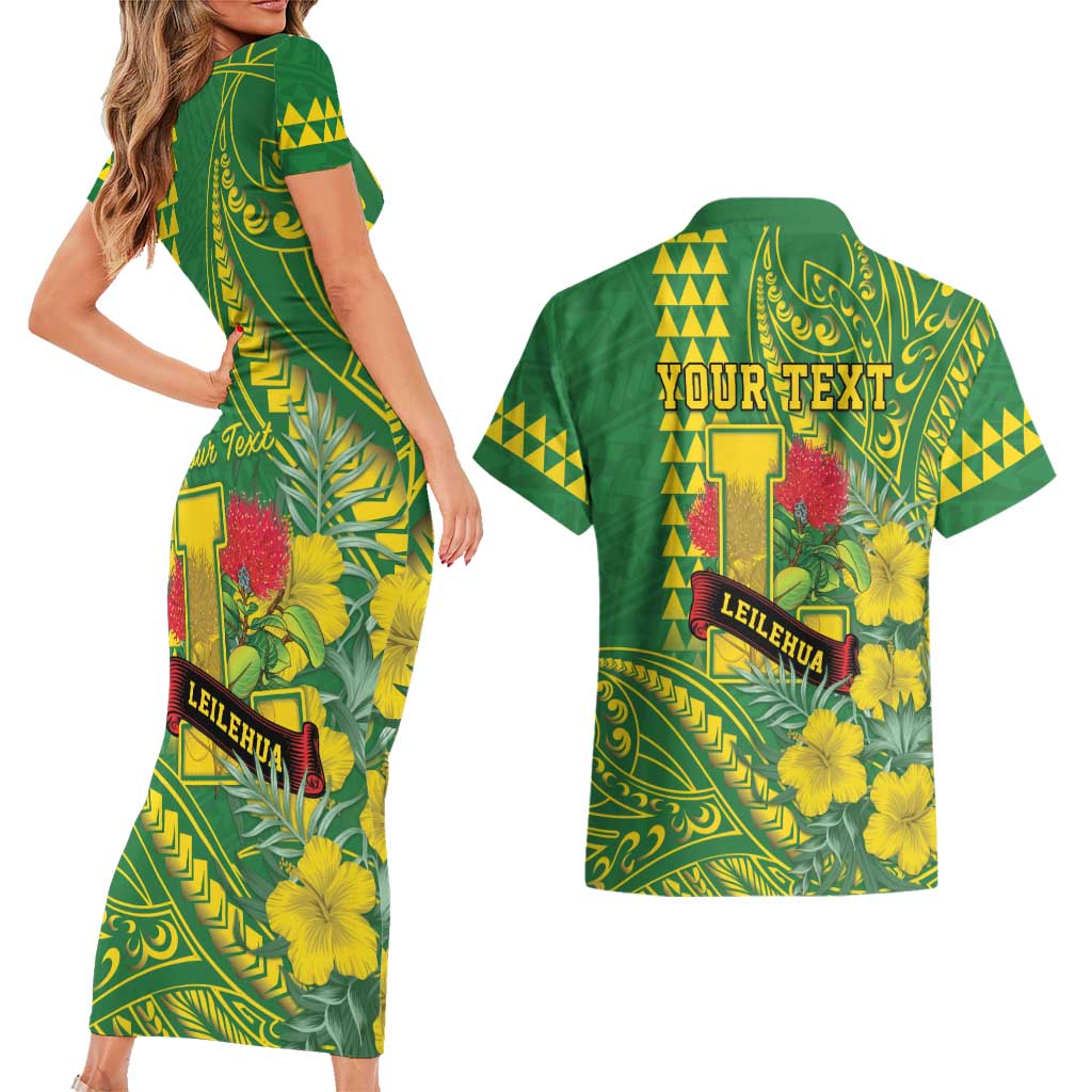 Personalised Hawaii Leilehua High School Couples Matching Short Sleeve Bodycon Dress and Hawaiian Shirt Tribal Tattoo With Hibiscus Flowers LT05 - Polynesian Pride