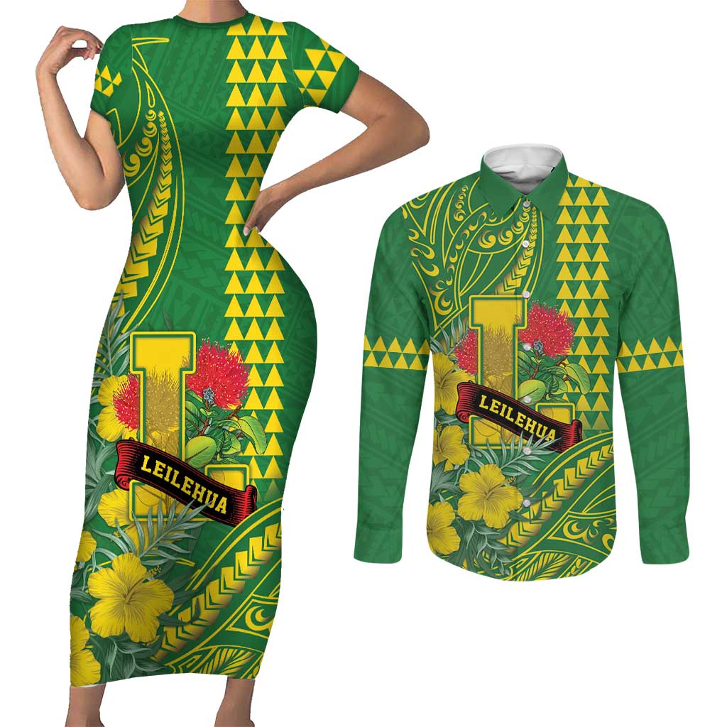 Personalised Hawaii Leilehua High School Couples Matching Short Sleeve Bodycon Dress and Long Sleeve Button Shirt Tribal Tattoo With Hibiscus Flowers LT05 Green - Polynesian Pride