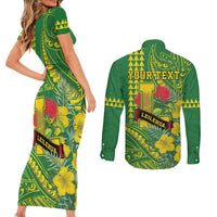 Personalised Hawaii Leilehua High School Couples Matching Short Sleeve Bodycon Dress and Long Sleeve Button Shirt Tribal Tattoo With Hibiscus Flowers LT05 - Polynesian Pride