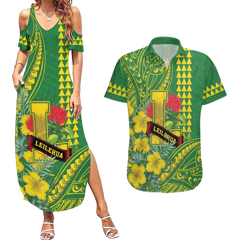 Personalised Hawaii Leilehua High School Couples Matching Summer Maxi Dress and Hawaiian Shirt Tribal Tattoo With Hibiscus Flowers LT05 Green - Polynesian Pride