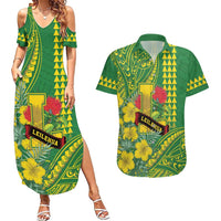 Personalised Hawaii Leilehua High School Couples Matching Summer Maxi Dress and Hawaiian Shirt Tribal Tattoo With Hibiscus Flowers LT05 Green - Polynesian Pride