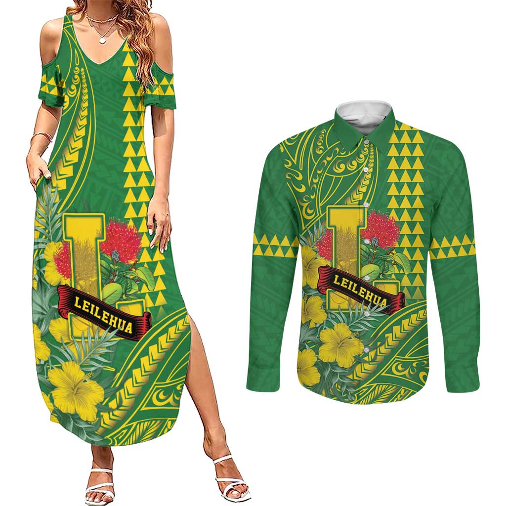 Personalised Hawaii Leilehua High School Couples Matching Summer Maxi Dress and Long Sleeve Button Shirt Tribal Tattoo With Hibiscus Flowers LT05 Green - Polynesian Pride