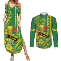 Personalised Hawaii Leilehua High School Couples Matching Summer Maxi Dress and Long Sleeve Button Shirt Tribal Tattoo With Hibiscus Flowers LT05 Green - Polynesian Pride