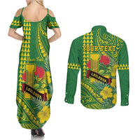 Personalised Hawaii Leilehua High School Couples Matching Summer Maxi Dress and Long Sleeve Button Shirt Tribal Tattoo With Hibiscus Flowers LT05 - Polynesian Pride