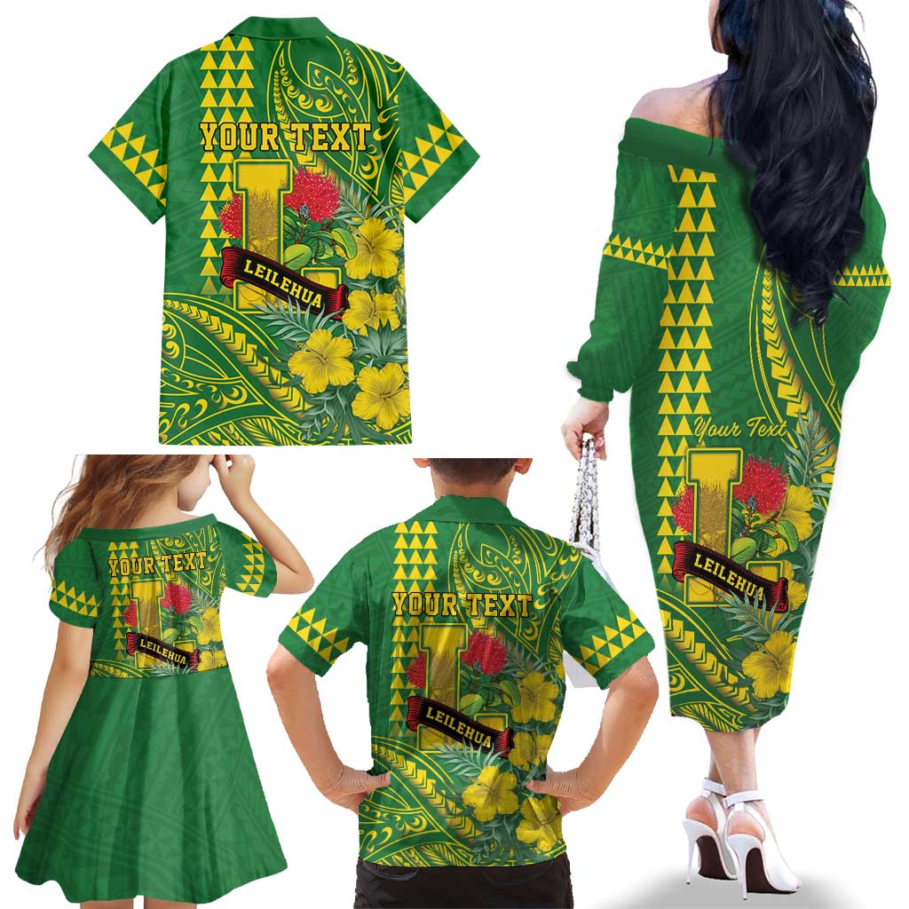 Personalised Hawaii Leilehua High School Family Matching Off The Shoulder Long Sleeve Dress and Hawaiian Shirt Tribal Tattoo With Hibiscus Flowers LT05 - Polynesian Pride