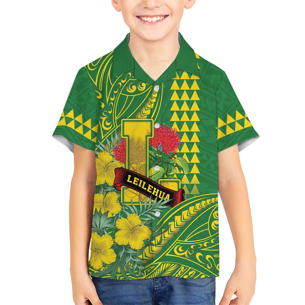 Personalised Hawaii Leilehua High School Family Matching Off The Shoulder Long Sleeve Dress and Hawaiian Shirt Tribal Tattoo With Hibiscus Flowers LT05 Son's Shirt Green - Polynesian Pride