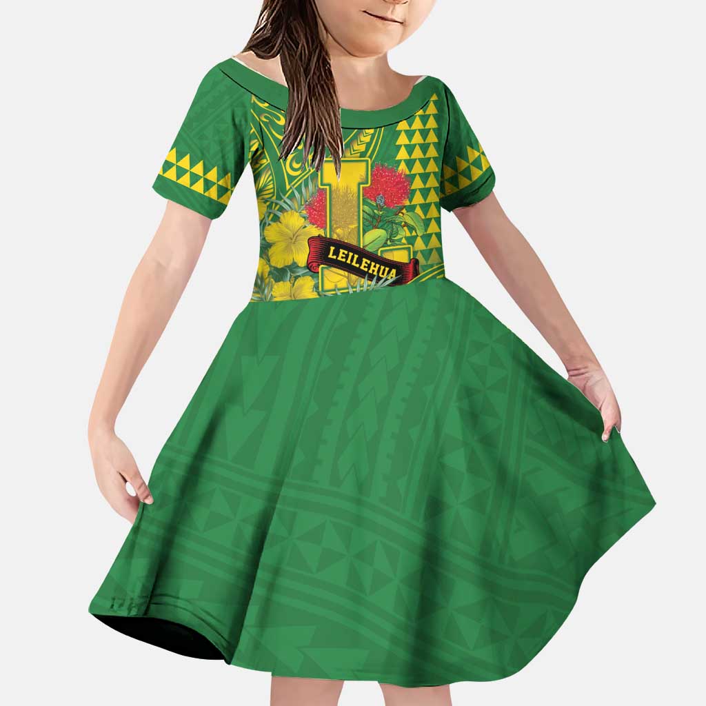 Personalised Hawaii Leilehua High School Family Matching Off Shoulder Maxi Dress and Hawaiian Shirt Tribal Tattoo With Hibiscus Flowers LT05 Daughter's Dress Green - Polynesian Pride
