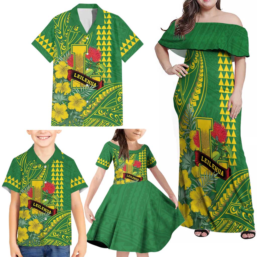 Personalised Hawaii Leilehua High School Family Matching Off Shoulder Maxi Dress and Hawaiian Shirt Tribal Tattoo With Hibiscus Flowers LT05 - Polynesian Pride