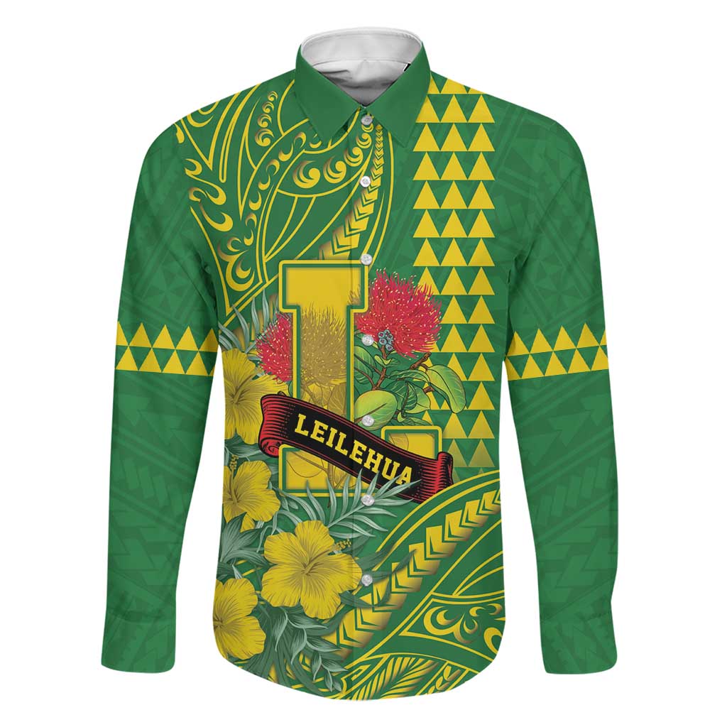 Personalised Hawaii Leilehua High School Family Matching Off Shoulder Short Dress and Hawaiian Shirt Tribal Tattoo With Hibiscus Flowers LT05 Dad's Shirt - Long Sleeve Green - Polynesian Pride