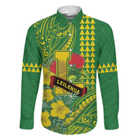 Personalised Hawaii Leilehua High School Family Matching Summer Maxi Dress and Hawaiian Shirt Tribal Tattoo With Hibiscus Flowers LT05 Dad's Shirt - Long Sleeve Green - Polynesian Pride