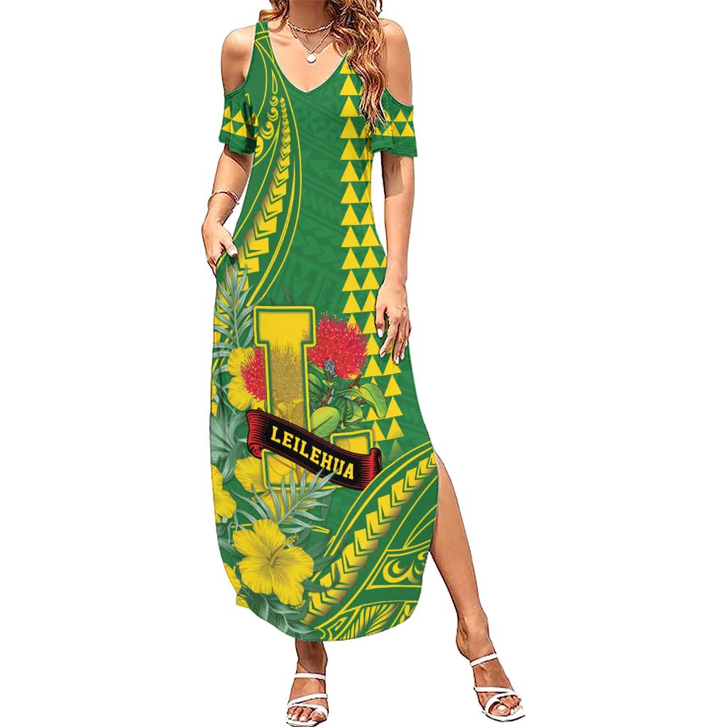 Personalised Hawaii Leilehua High School Family Matching Summer Maxi Dress and Hawaiian Shirt Tribal Tattoo With Hibiscus Flowers LT05 Mom's Dress Green - Polynesian Pride