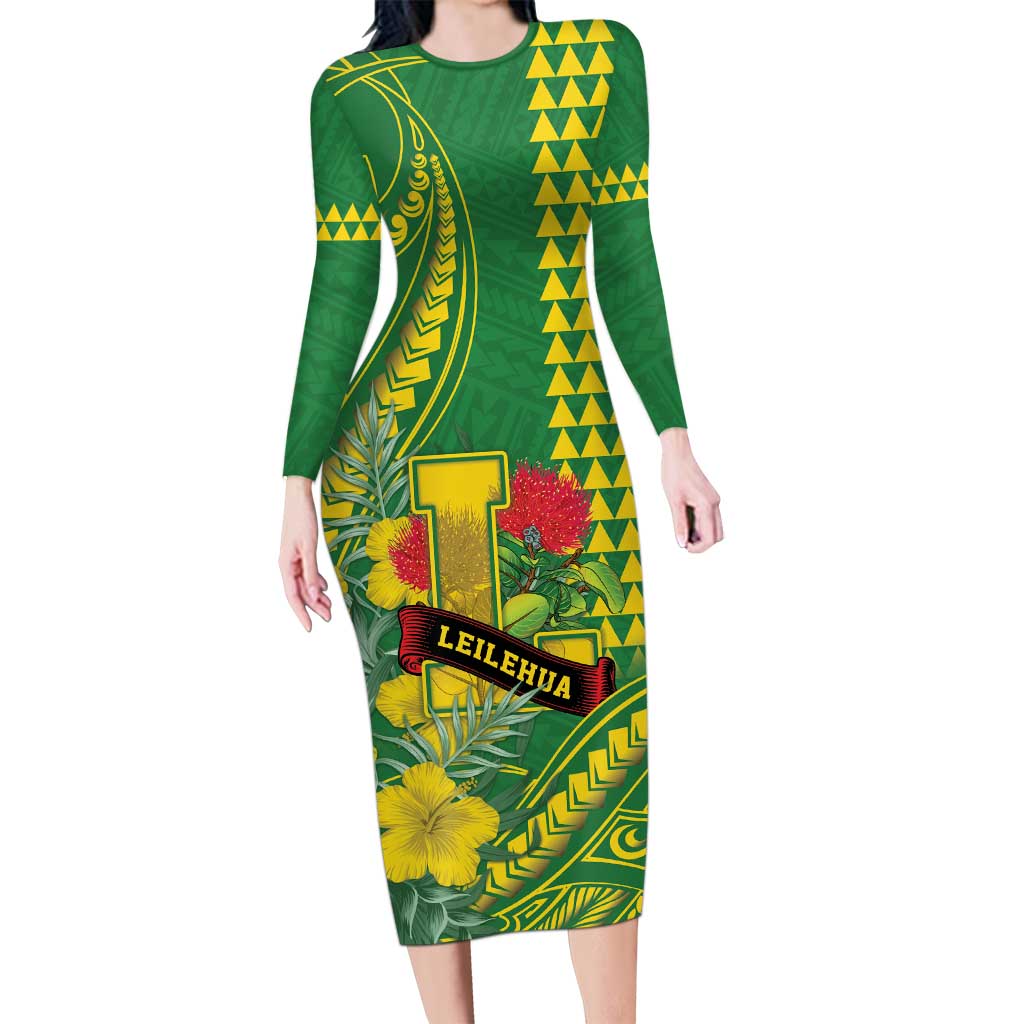 Personalised Hawaii Leilehua High School Long Sleeve Bodycon Dress Tribal Tattoo With Hibiscus Flowers